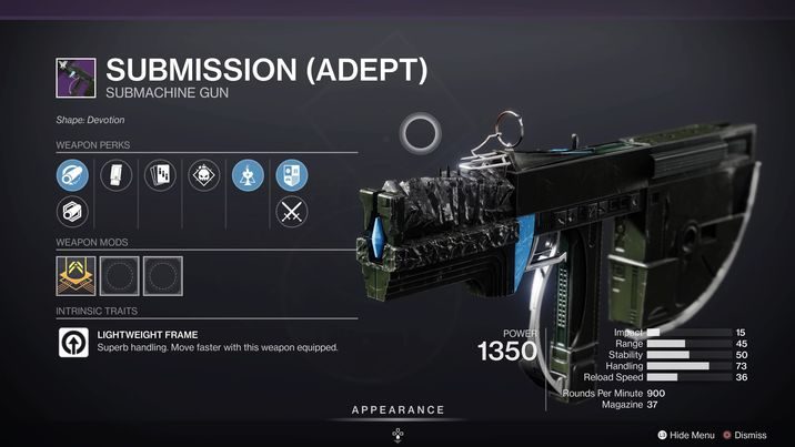 The Adept version of the SMG Submission cannot roll with enhanced perks.
