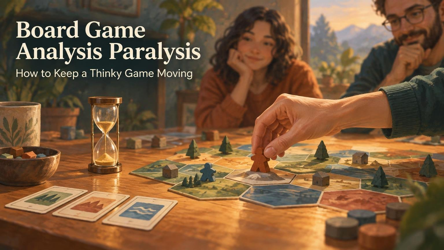 Warm editorial-style scene of three people playing a hex-tile board game at a wooden table, with a hand moving an orange game piece beside a small hourglass. Large cream text reads “Board Game Analysis Paralysis” and “How to Keep a Thinky Game Moving.”