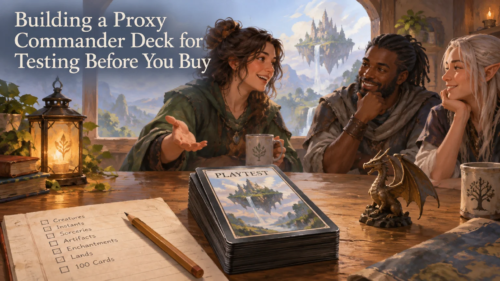Painterly fantasy scene of three adventurers at a wooden table with a stacked deck of cards labeled “PLAYTEST,” a deck-building checklist, books, lantern, dragon figurine, and a floating castle landscape behind them. Large headline reads “Building a Proxy Commander Deck for Testing Before You Buy.”