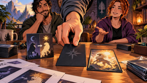 Comic-book-style illustration of three people at a tabletop card game, with a large hand placing a dark sleeved card beside fantasy creature cards, stacks of cards, dice, and printed helper sheets showing moon-to-sun creature imagery.