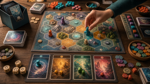 Overhead view of a colorful fantasy-style board game on a wooden table, with hexagonal map spaces, wooden player pieces, cards, dice, and bowls of tokens; a hand moves a teal piece.