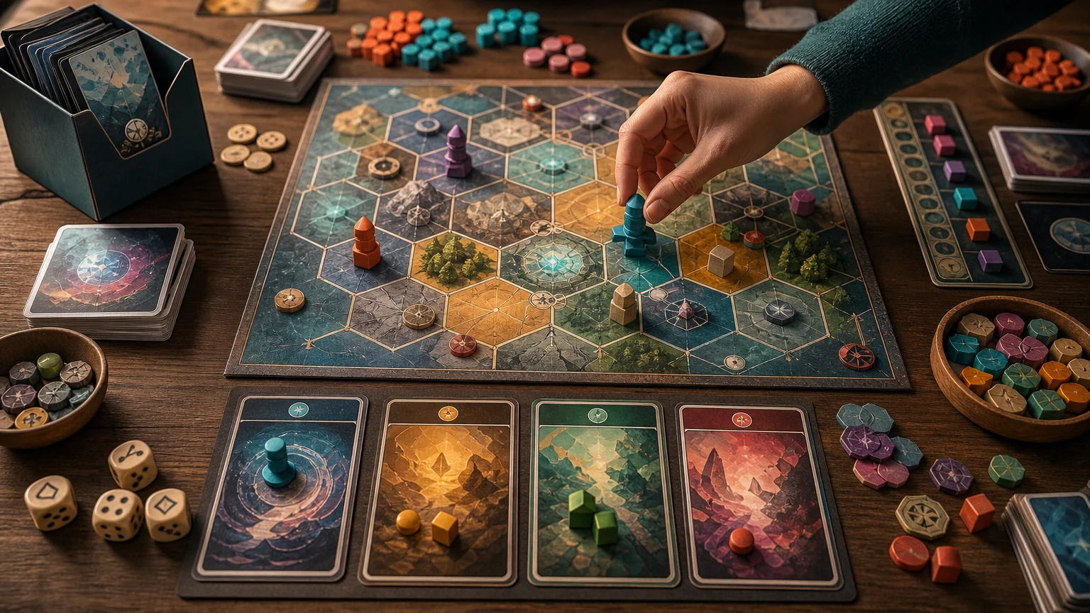 Overhead view of a colorful fantasy-style board game on a wooden table, with hexagonal map spaces, wooden player pieces, cards, dice, and bowls of tokens; a hand moves a teal piece.