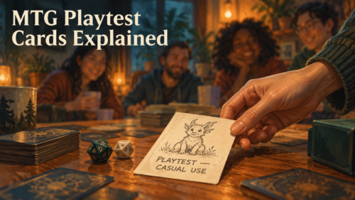 Painterly tabletop card-game scene in a warmly lit café: a hand holds a handwritten card with a small creature drawing and the words “PLAYTEST — CASUAL USE,” while decks, dice, and blurred players sit behind it. Large cream text reads “MTG Playtest Cards Explained.”