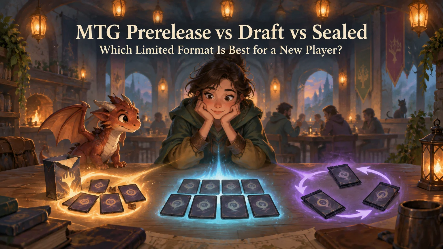 Painterly fantasy game hall with a smiling new player and small orange dragon at a table, surrounded by three glowing arrangements of face-down cards; title text across the top reads “MTG Prerelease vs Draft vs Sealed: Which Limited Format Is Best for a New Player?”