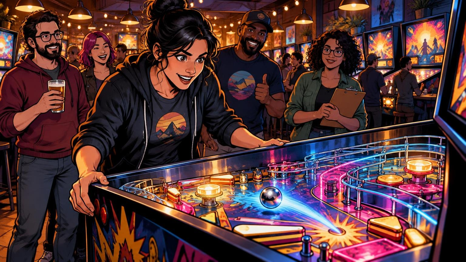 Comic-book-style illustration of a smiling woman playing a brightly lit pinball machine while a diverse group of people watches in a busy arcade.