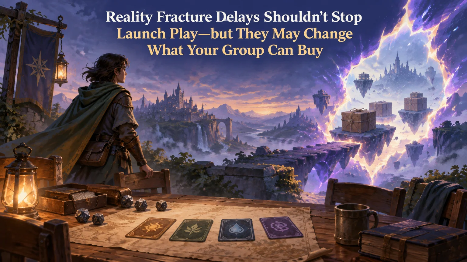 Painterly fantasy scene of an adventurer at a table with dice and four illustrated cards, looking toward floating islands and a glowing purple rift carrying boxed packages; the article title appears across the sky.