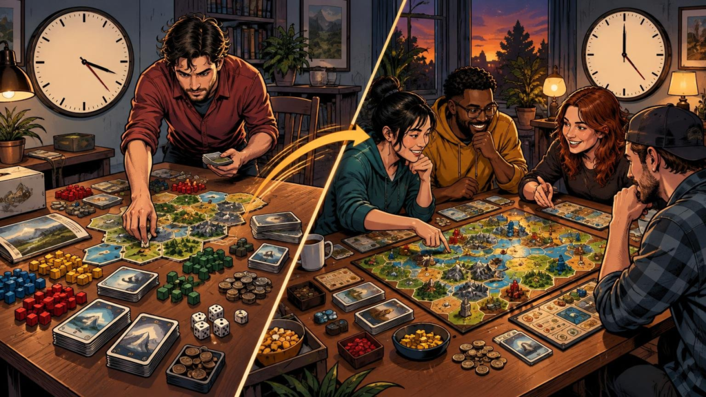 Comic-book-style split scene showing one person setting up a sprawling hex-tile board game beneath a wall clock, with an arrow leading to four friends happily playing the completed game beneath another clock.