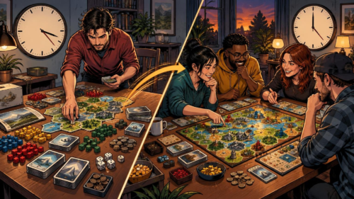 Comic-book-style split scene showing one person setting up a sprawling hex-tile board game beneath a wall clock, with an arrow leading to four friends happily playing the completed game beneath another clock.