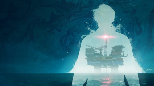 Teal-blue surreal illustration of a glowing human silhouette containing an offshore oil platform, above dark water with pink-red light flares.