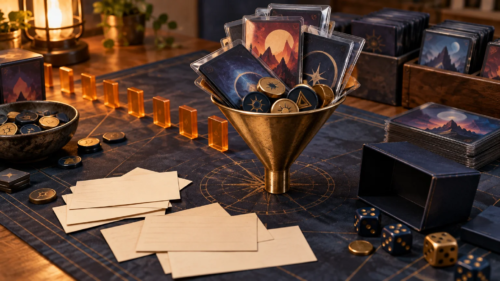 Fantasy-themed sleeved trading cards, tokens, dice, deck boxes, and blank cards arranged on a dark game mat, with a large brass funnel holding cards and tokens.