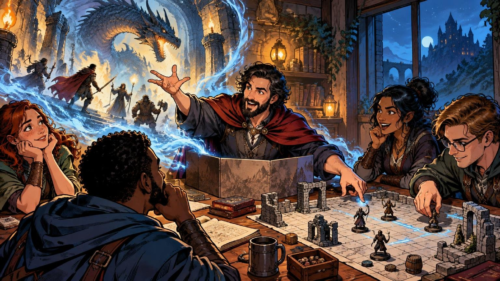 Comic-book-style illustration of a tabletop fantasy role-playing group: a game master narrates a dragon battle while players gather around a detailed gridded miniature dungeon map with figures and ruins.