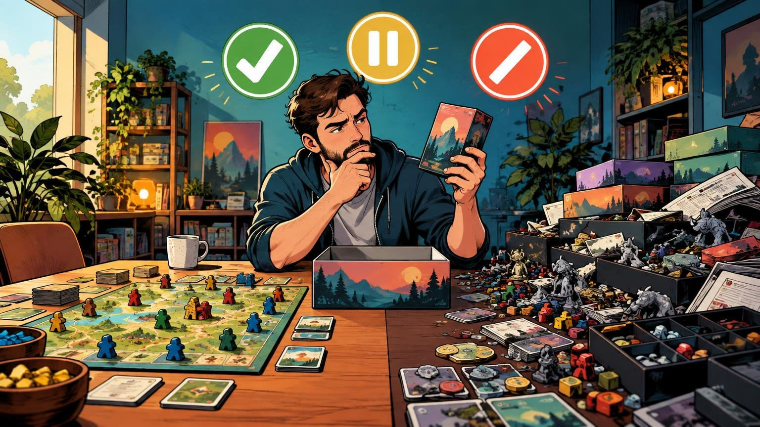 Comic-book-style illustration of a thoughtful man comparing a game card at a table, with a crowded board game, colorful player pieces, boxes, cards, miniatures, and green, yellow, and red decision symbols overhead.