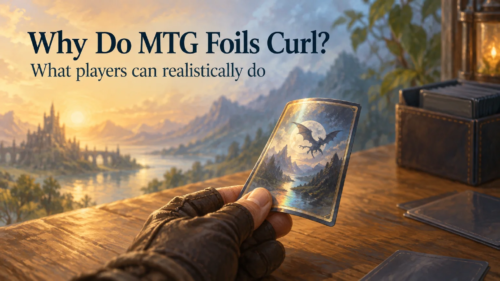 Painterly fantasy scene with the headline “Why Do MTG Foils Curl? What players can realistically do” above a gloved hand holding a visibly curved, shiny dragon-illustrated card beside a deck box.