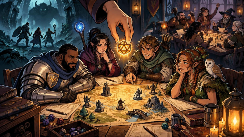 Comic-book-style fantasy tabletop role-playing scene with five adventurer players gathered around a map covered in miniatures and dice, while a large hand holds a glowing twenty-sided die above the table; a smaller adventuring party and looming monster appear in the background.