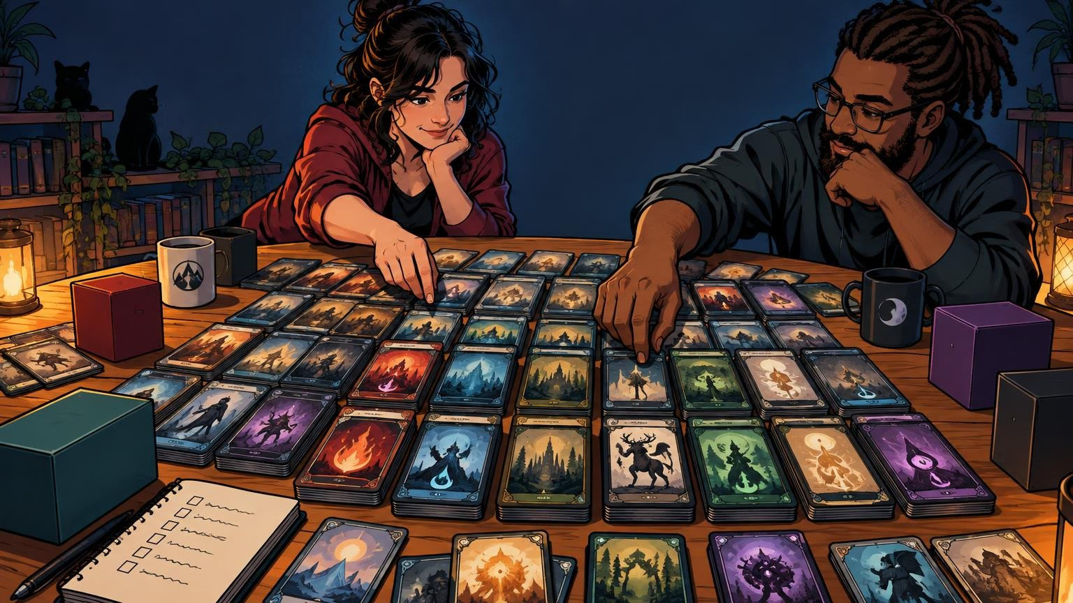 Comic-book-style illustration of two people choosing from a large spread of fantasy trading cards and deck boxes on a wooden table.
