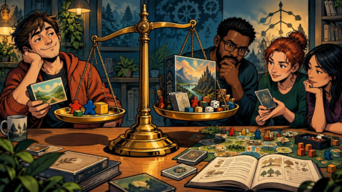 Comic-book-style illustration of four people comparing board games around a table, with a large balance scale weighing simple colorful pawns and cubes against a larger game box, cards, dice, and components; an open rulebook and a modular game board fill the foreground.
