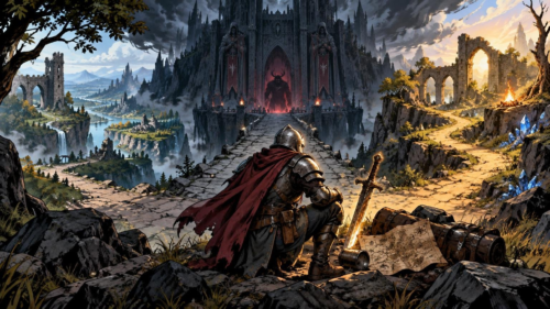 Comic-book-style fantasy scene of an armored adventurer resting beside a sword, map, and pack at a forked path leading toward a dark castle and a sunlit ruin-filled landscape.