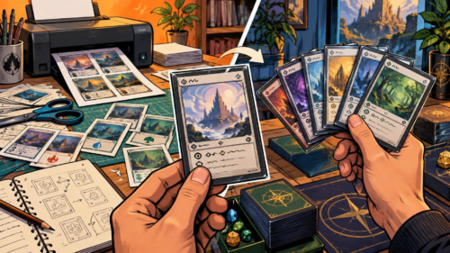 Comic-book-style split scene showing a desktop printer producing sheets of fantasy trading cards on the left and hands holding a polished fan of colorful fantasy cards on the right, with dice, card stacks, scissors, and notebooks on the table.