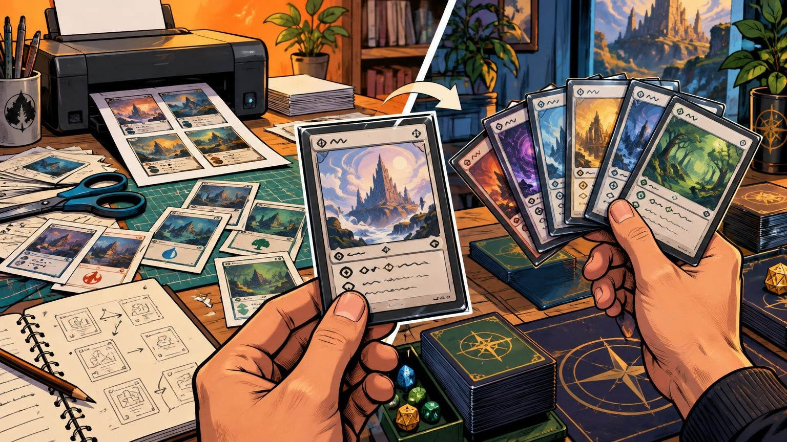 Comic-book-style split scene showing a desktop printer producing sheets of fantasy trading cards on the left and hands holding a polished fan of colorful fantasy cards on the right, with dice, card stacks, scissors, and notebooks on the table.