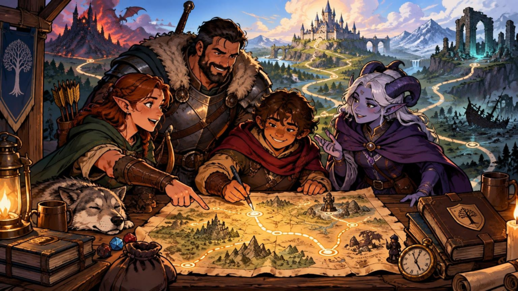 Comic-book-style fantasy illustration of four adventurers gathered around a glowing route map, with dice, books, mugs, a sleeping dog, and a clock on the table; castles, ruins, and winding paths stretch across the landscape behind them.