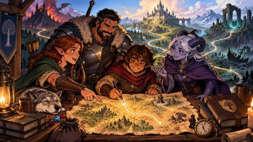 Comic-book-style fantasy illustration of four adventurers gathered around a glowing route map, with dice, books, mugs, a sleeping dog, and a clock on the table; castles, ruins, and winding paths stretch across the landscape behind them.