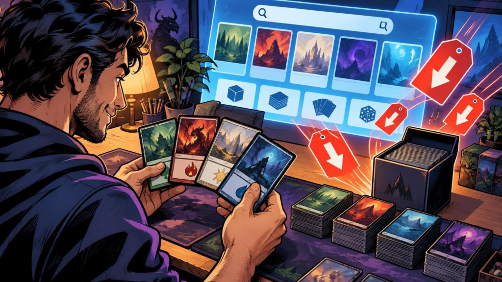 Comic-book-style illustration of a person holding fantasy trading cards at a desk, with stacks of cards, a card storage box, and a large online storefront display behind them; red downward price tags float across the scene.