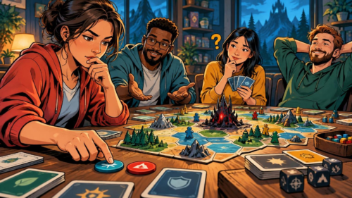 Comic-book-style illustration of four friends around a fantasy cooperative board game, with one player reaching toward the board while others watch, discuss, or consider their cards.