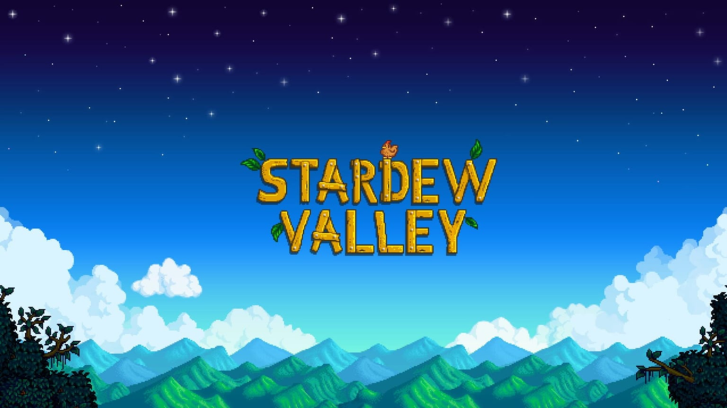 Pixel-art landscape with a starry blue sky, layered green mountains, clouds, and large yellow text reading “STARDEW VALLEY,” decorated with small leaves and a chicken.