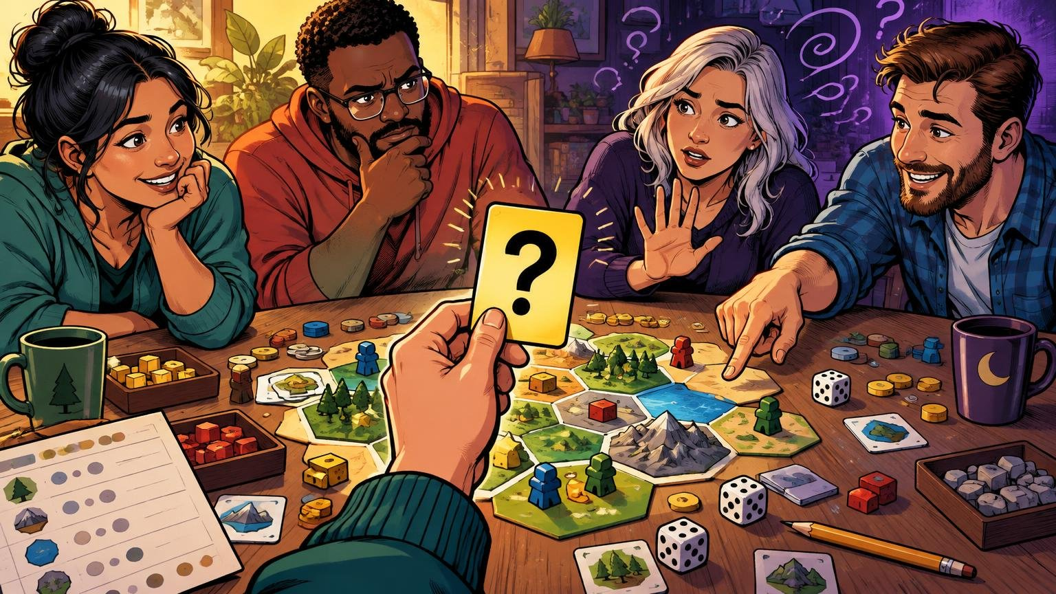 Comic-book-style illustration of four people debating around a tabletop board game with hexagonal terrain tiles, colored pieces, dice, coins, rule sheets, and a raised yellow question-mark card.